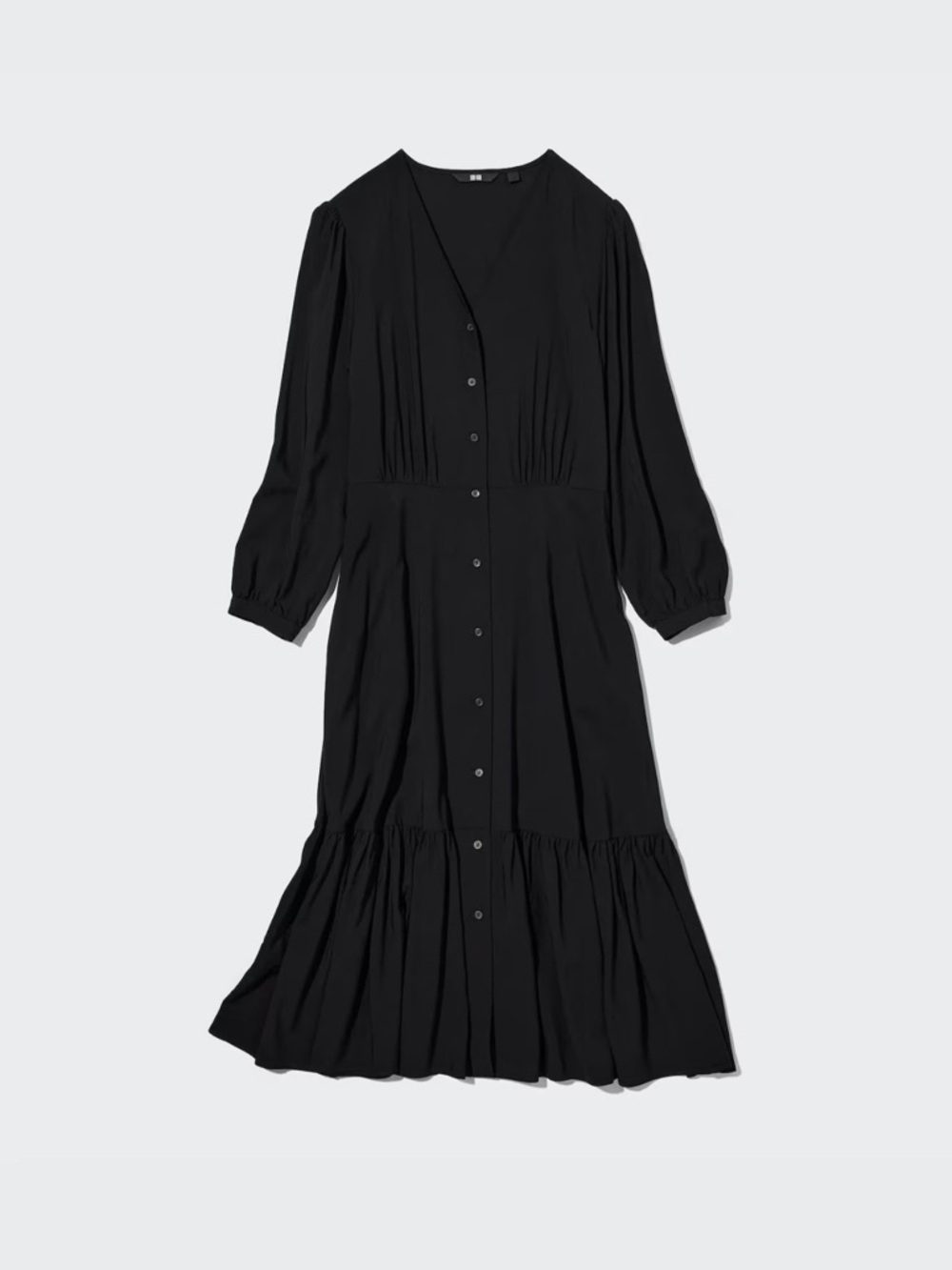 Uniqlo Black Button Front V-Neck Midi Flare Dress M NWT